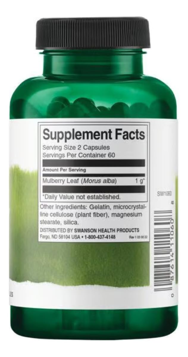Close-up of Swanson mulberry leaf capsules highlighting high potency and quality.