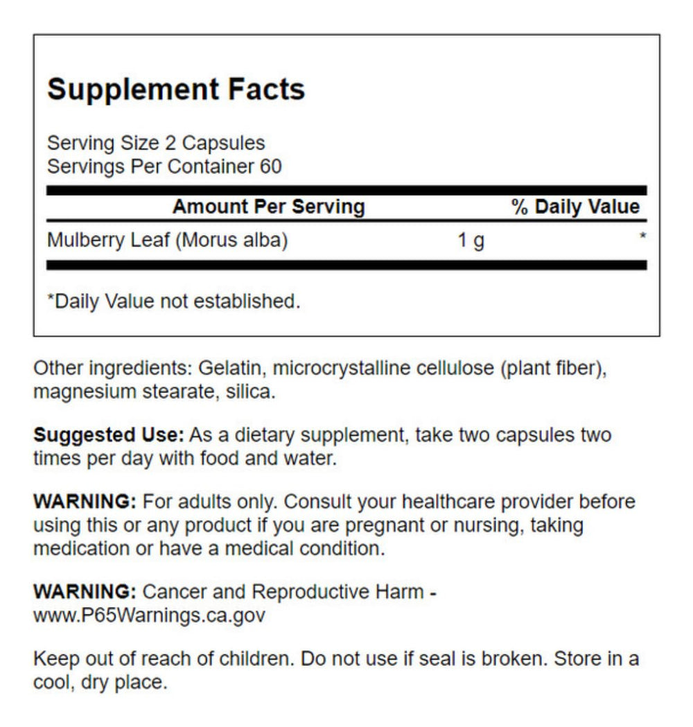 Swanson mulberry leaf label close-up, 500 mg per capsule, highlighting potency.