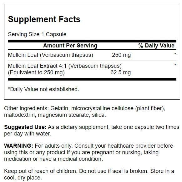 Close-up of Swanson Mullein Leaf Extract label highlighting standardized 250 mg per capsule and use case