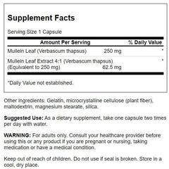 Close-up of Swanson Mullein Leaf Extract label highlighting standardized 250 mg per capsule and use case