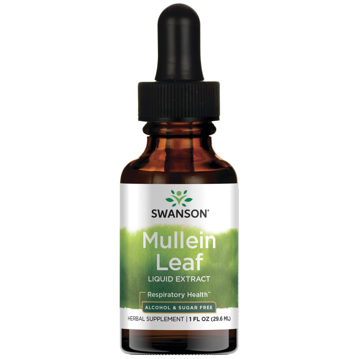 Swanson Mullein Leaf Liquid Extract bottle pour, alcohol-free formula for easy use.