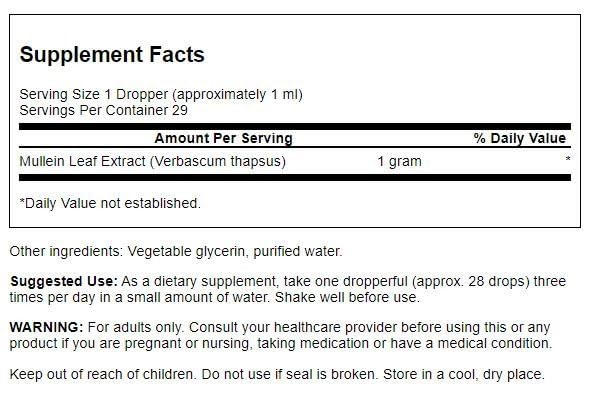 Swanson Mullein Leaf Liquid Extract label closeup emphasizing purity and GMP-backed quality.