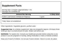 Swanson Mullein Leaf Liquid Extract label closeup emphasizing purity and GMP-backed quality.