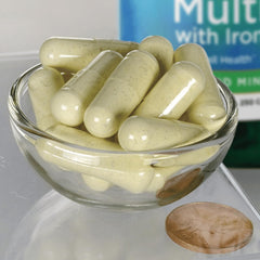 Swanson Multi and Mineral Daily capsules closeup, chelated minerals for better absorption