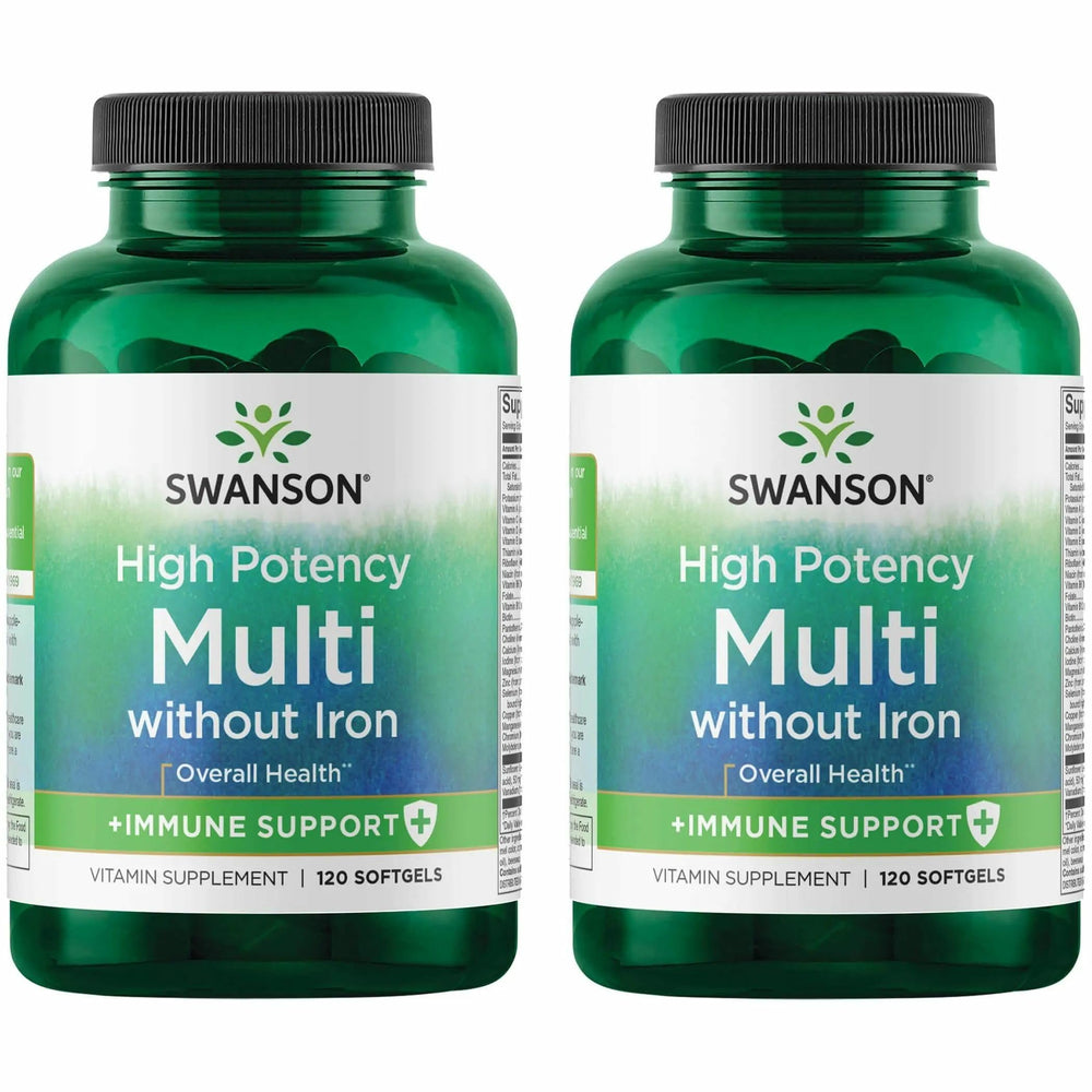 Swanson Multi Without Iron softgels bottle highlights antioxidant support for daily wellness.