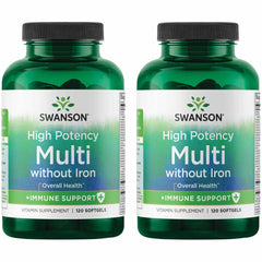 Swanson Multi Without Iron softgels bottle highlights antioxidant support for daily wellness.