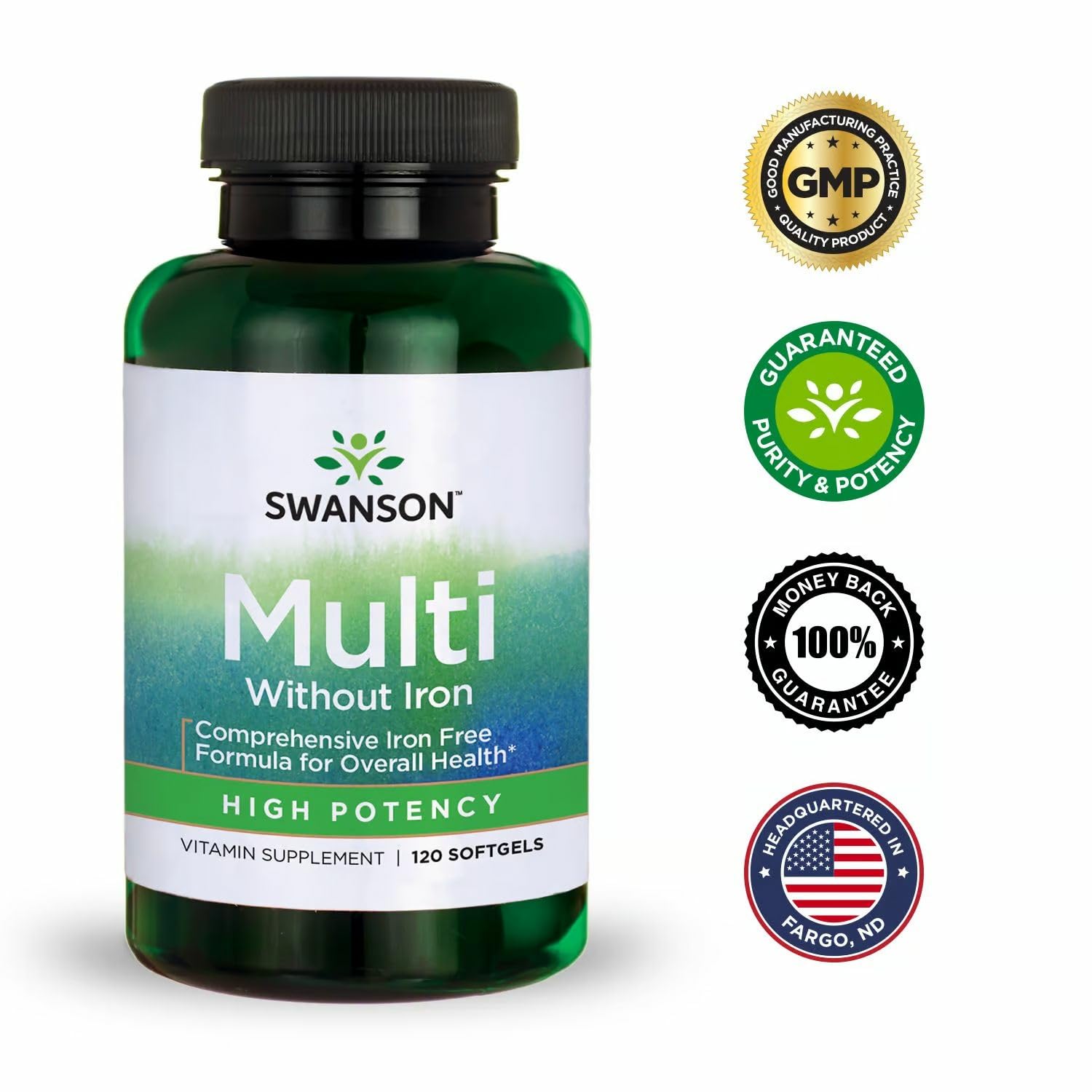 Recyclable packaging for Swanson Multi Without Iron softgels.