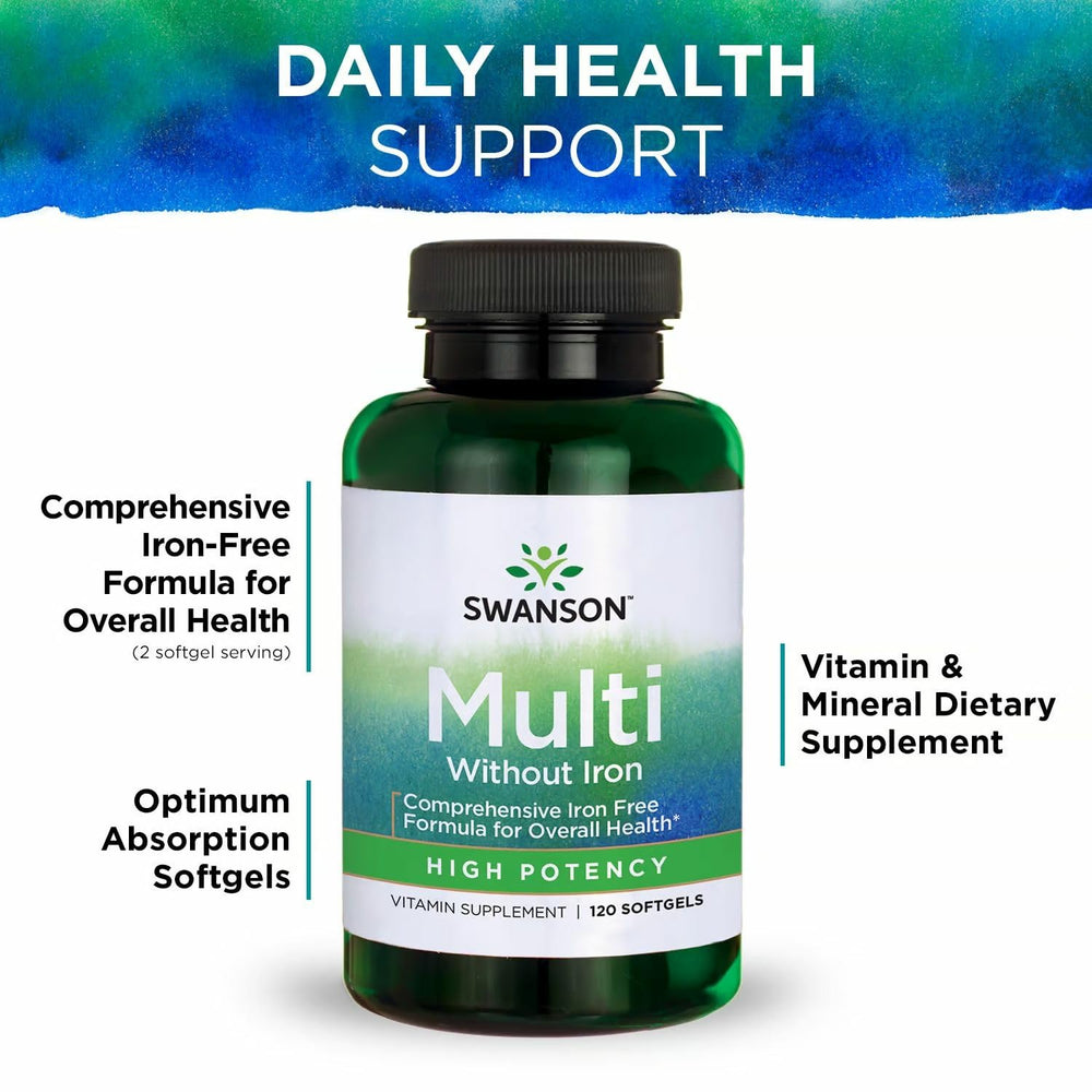 Two-pack Swanson multivitamin with iron-free formula for ongoing routine.
