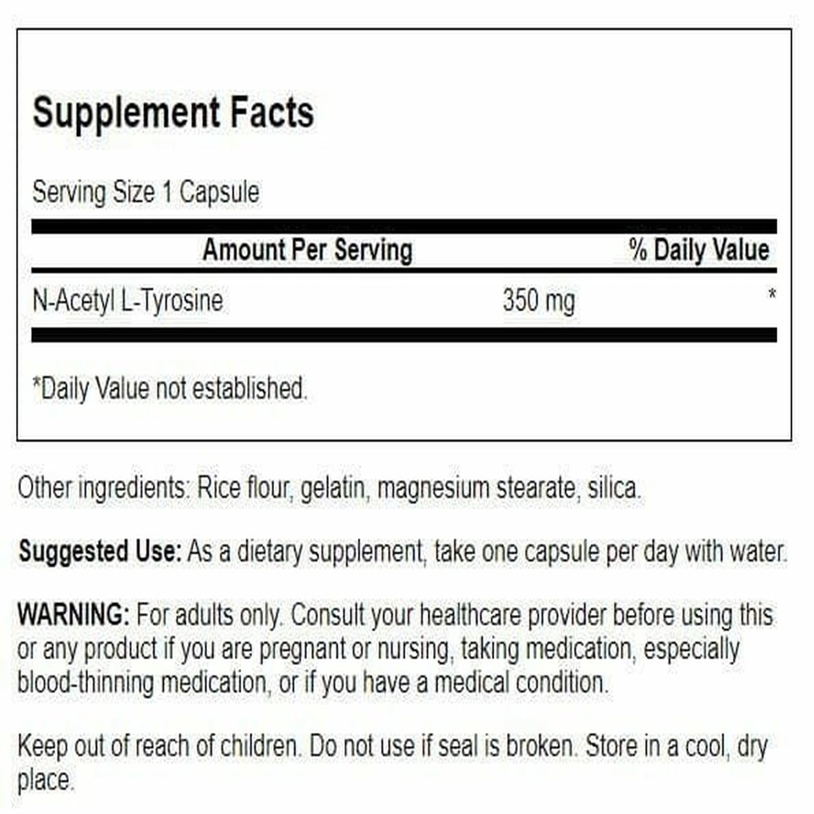Close-up of Swanson N-Acetyl L-Tyrosine capsules for easy daily dosing.