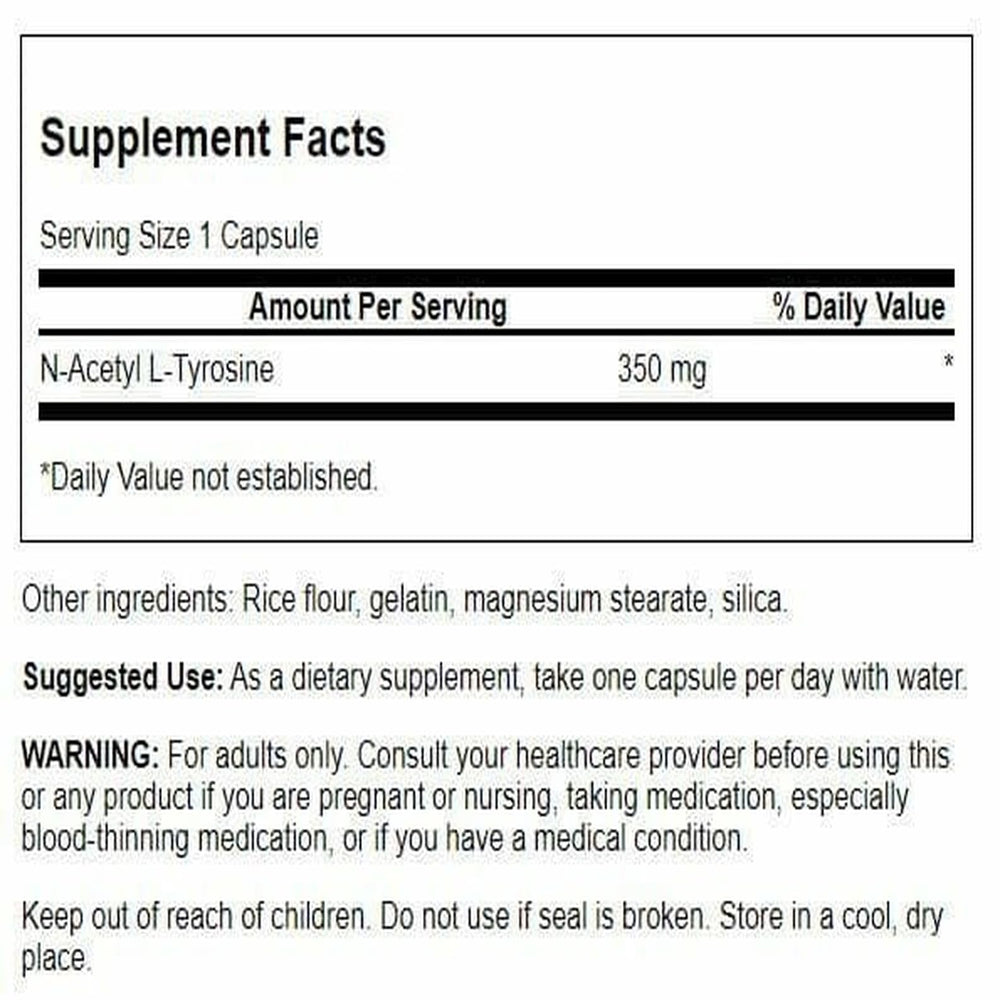 Close-up of Swanson N-Acetyl L-Tyrosine capsules for easy daily dosing.