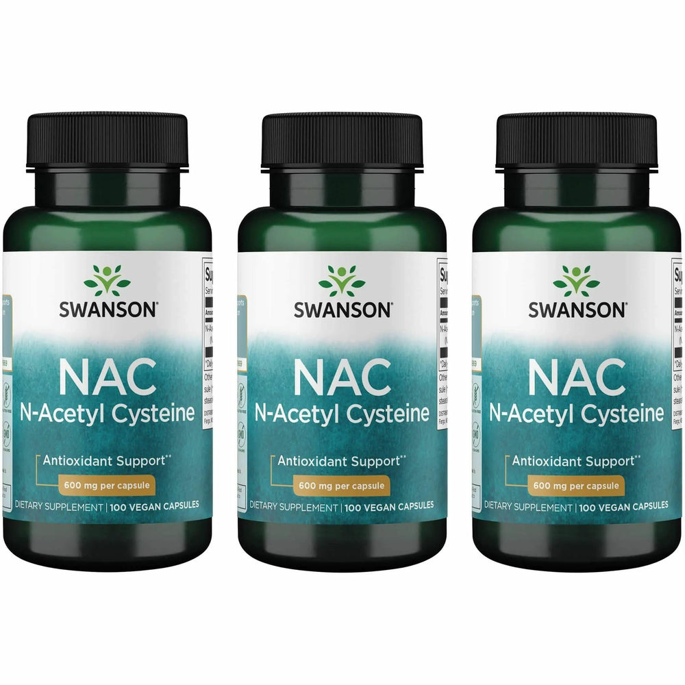 Swanson NAC bottle front view highlighting 600 mg capsules for antioxidant support.