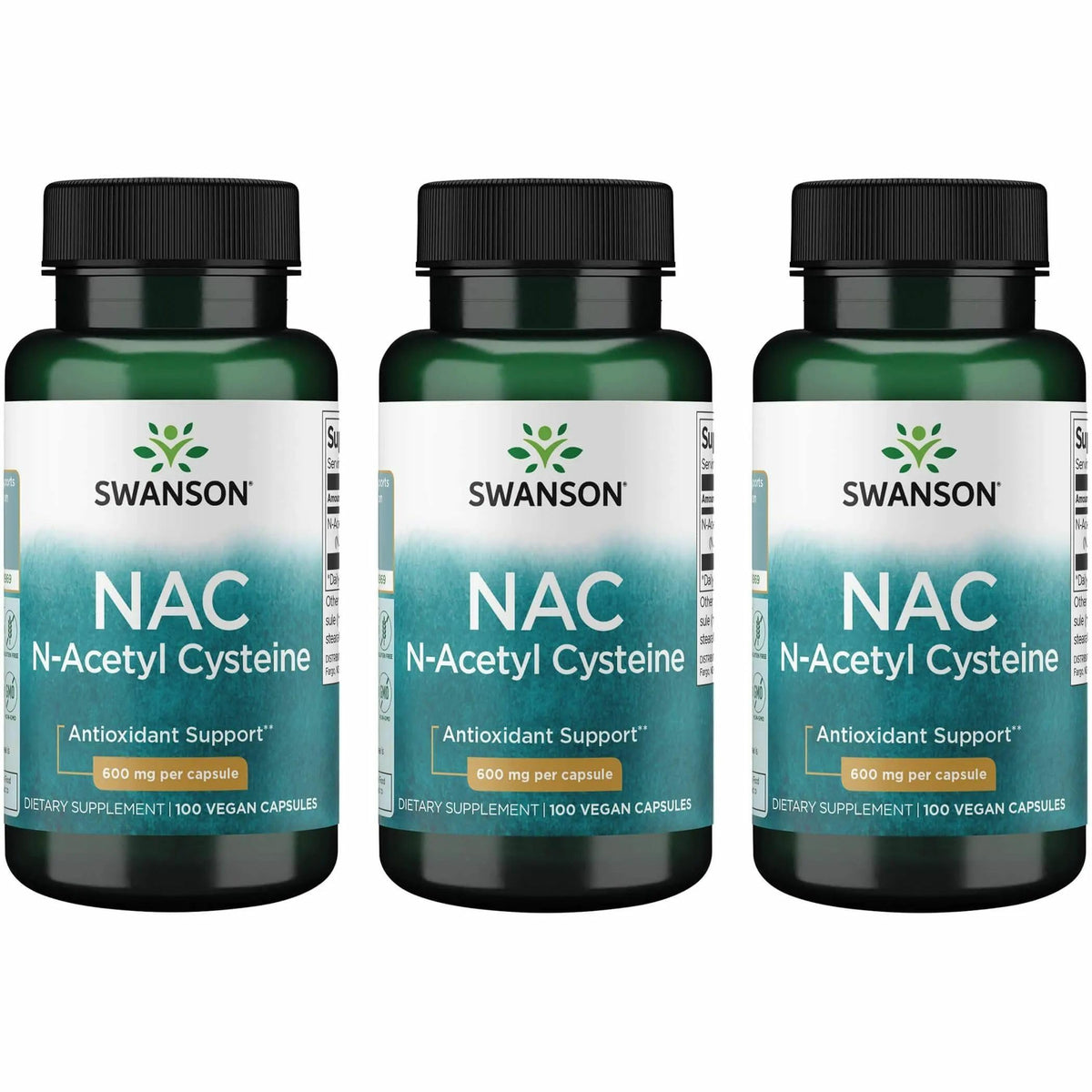 Swanson NAC bottle front view highlighting 600 mg capsules for antioxidant support.