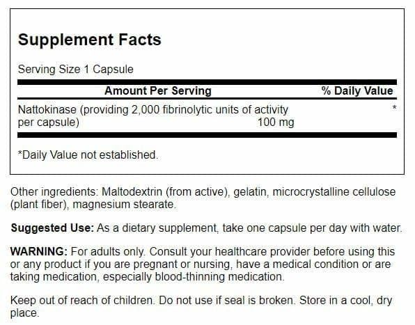 Close-up of nattokinase label highlighting 100 mg per capsule