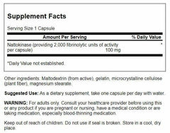 Close-up of nattokinase label highlighting 100 mg per capsule