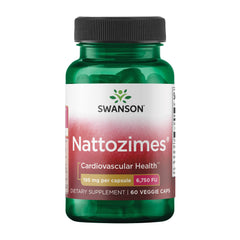 Swanson Nattozimes bottle label close-up with triple-strength enzyme blend for daily support.