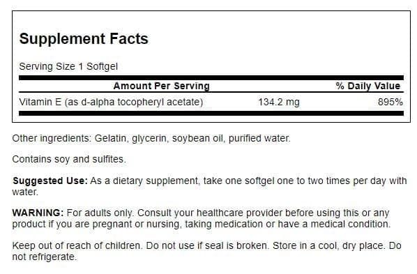 Swanson Natural Vitamin E bottle label closeup showing product details and antioxidant support.