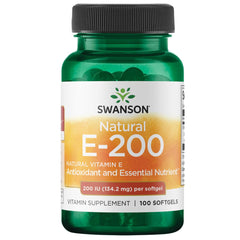 Swanson Natural Vitamin E bottle promoting heart health support and plant-based nutrition