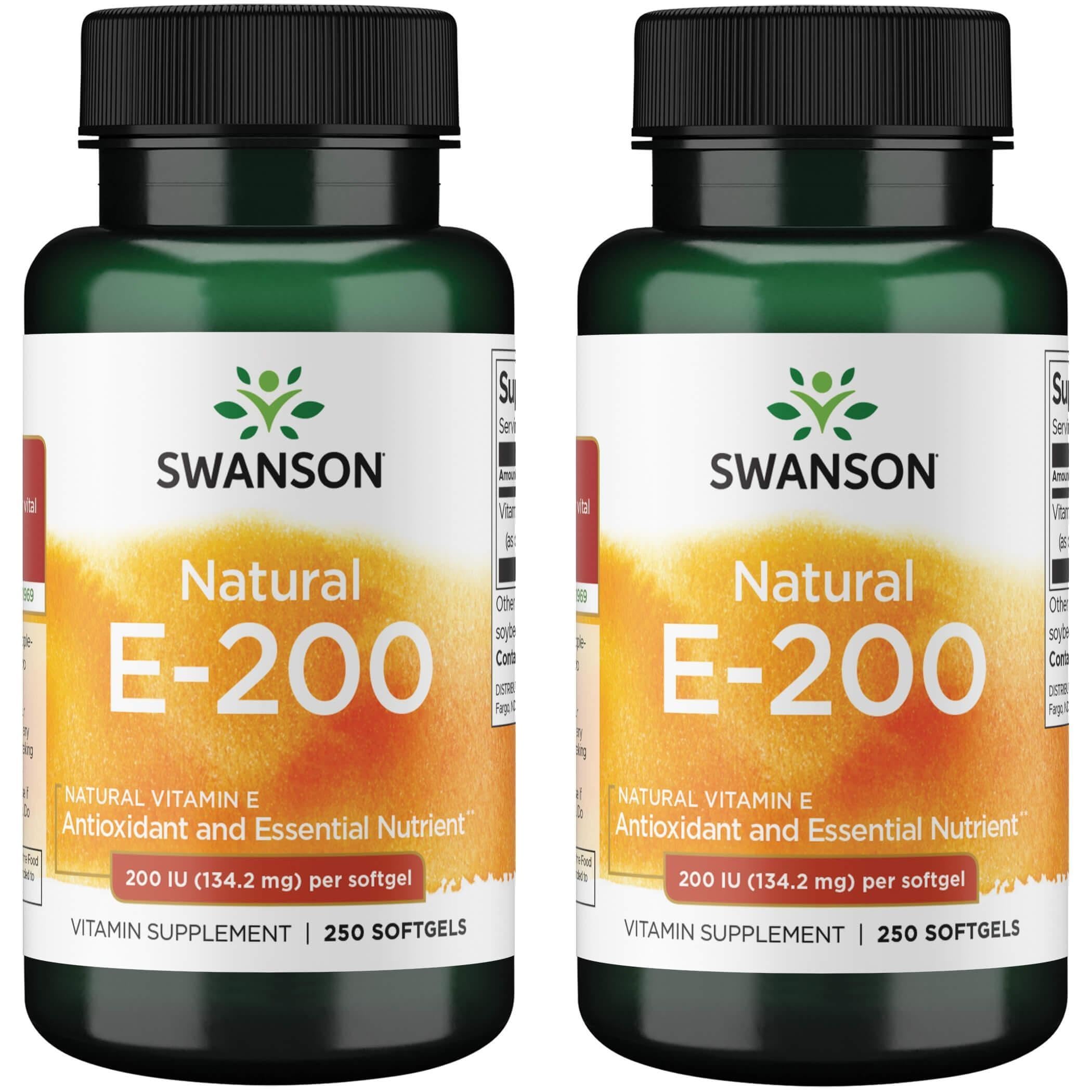 Swanson Natural Vitamin E softgels pack closeup, easy-to-swallow daily wellness support.