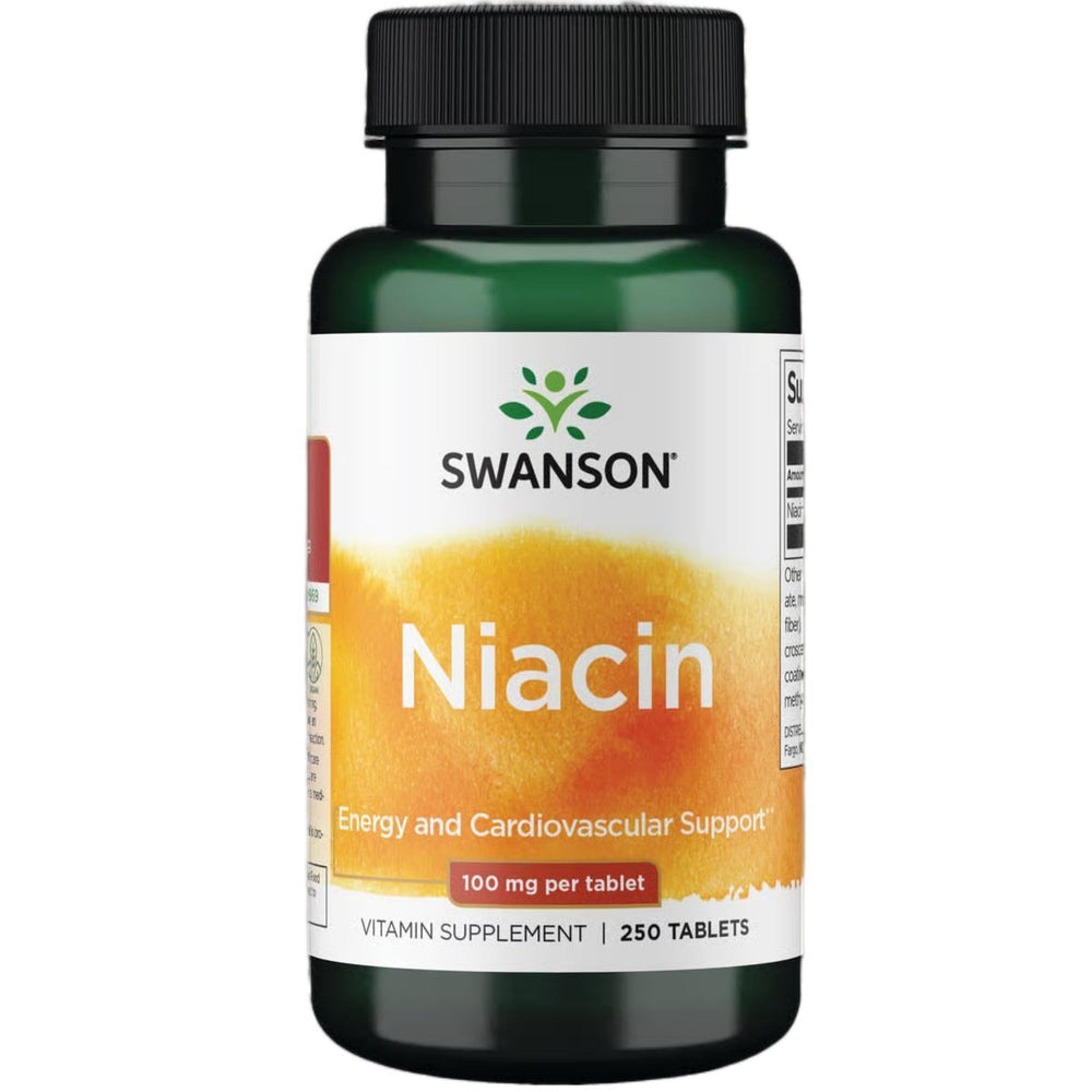 Swanson Niacin bottle front view showing 250 tablets and label for heart health support.