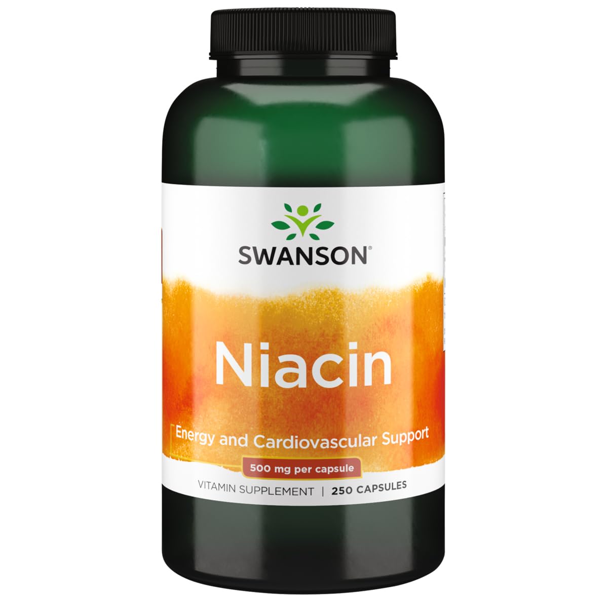 Swanson Niacin bottle cap close-up showing metabolism support for daily energy.