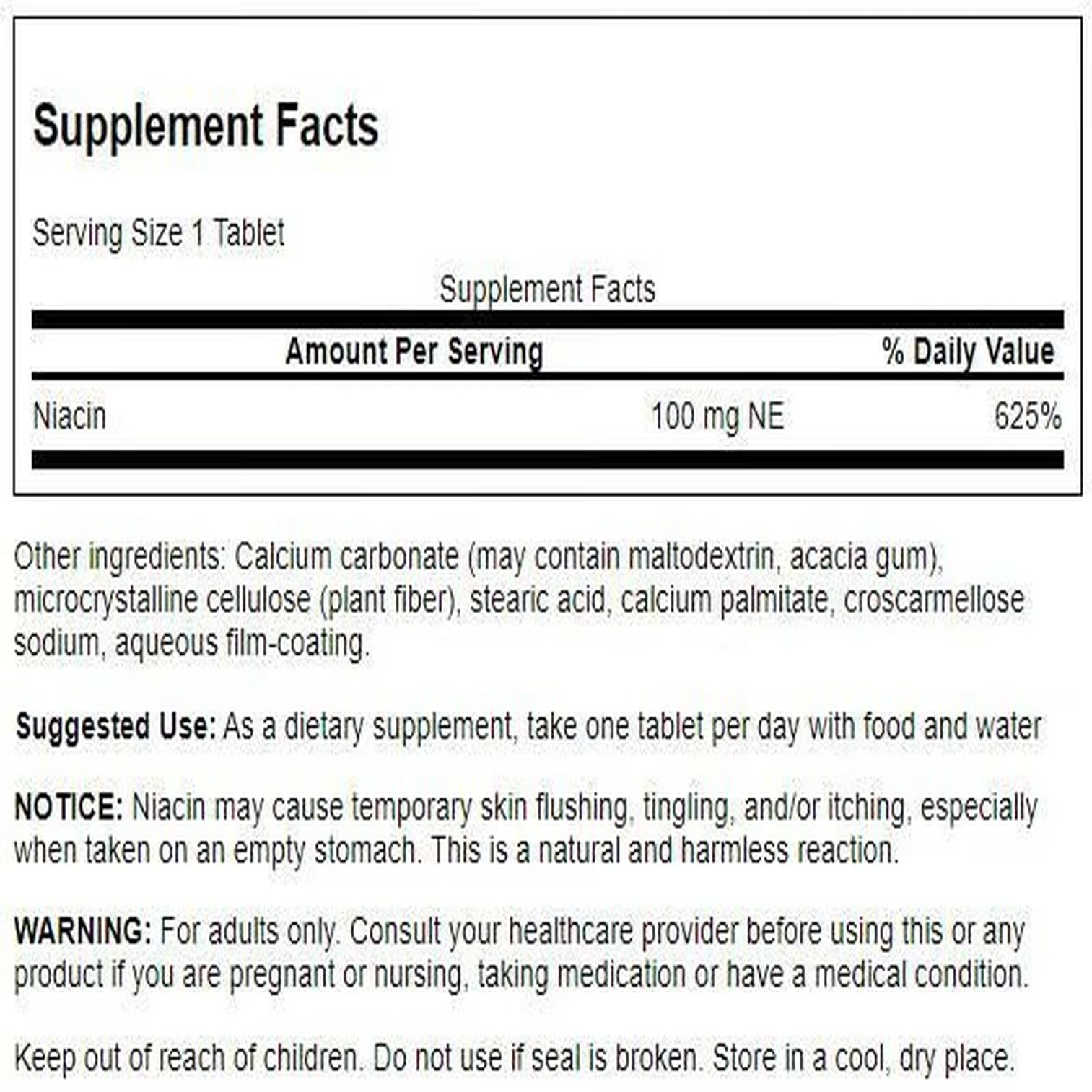 Close‑up of Swanson Niacin label highlighting 100 mg B3 content for energy metabolism.