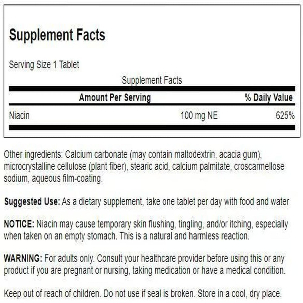 Close‑up of Swanson Niacin label highlighting 100 mg B3 content for energy metabolism.