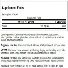 Close‑up of Swanson Niacin label highlighting 100 mg B3 content for energy metabolism.