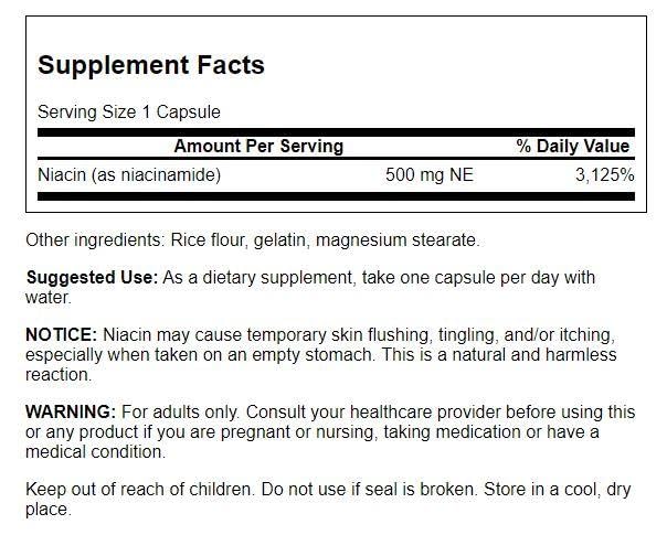 Close-up of Swanson Niacinamide capsules highlighting plant-based ingredients.