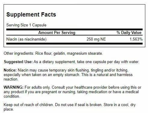 Swanson Niacinamide label-front highlights Vitamin B3 and heart health.