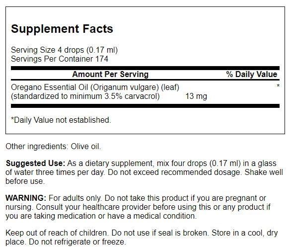Swanson Oil of Oregano liquid pour illustrates easy, measured dosing for daily use.