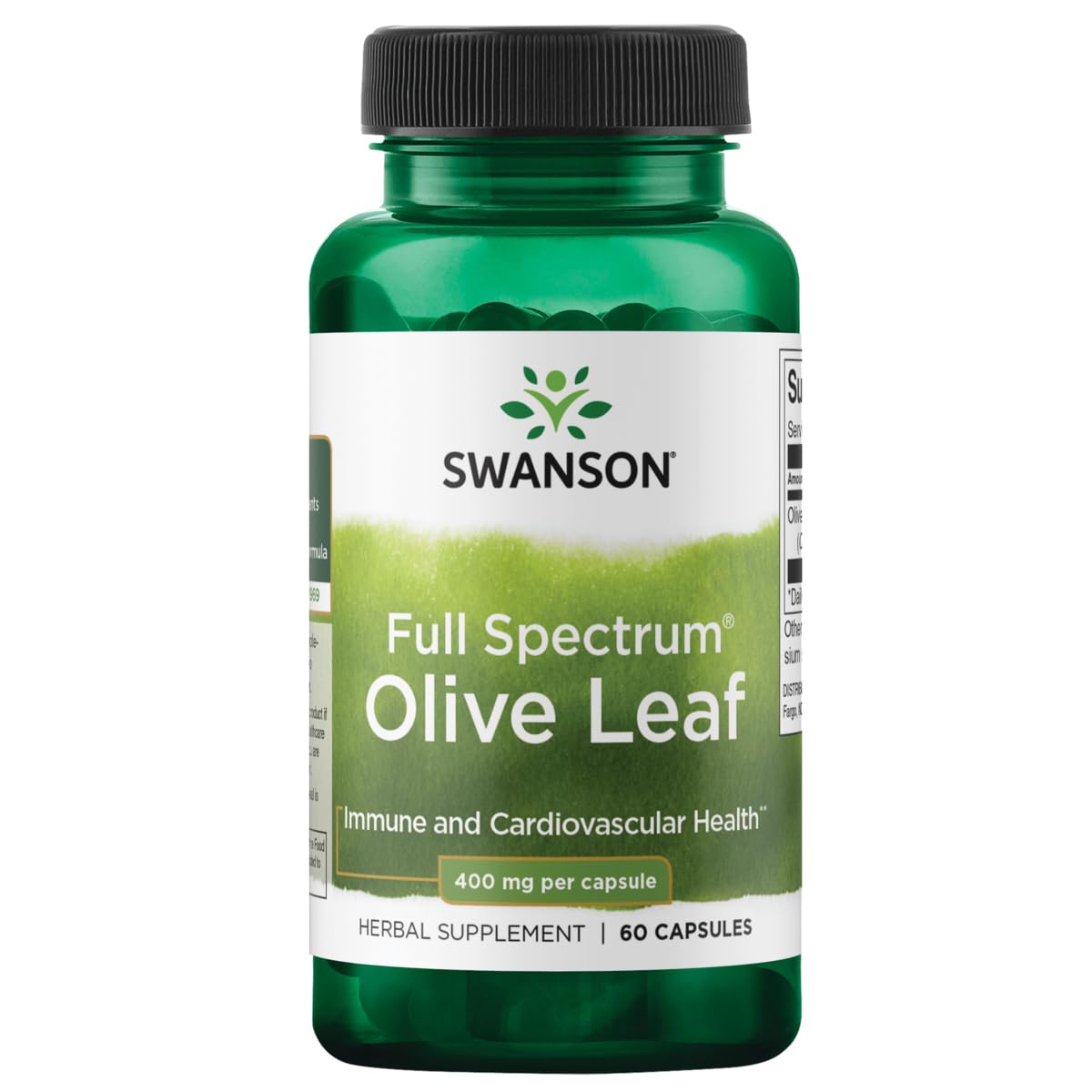 Swanson Olive Leaf 400 mg bottle pour showing full spectrum extract for natural defenses