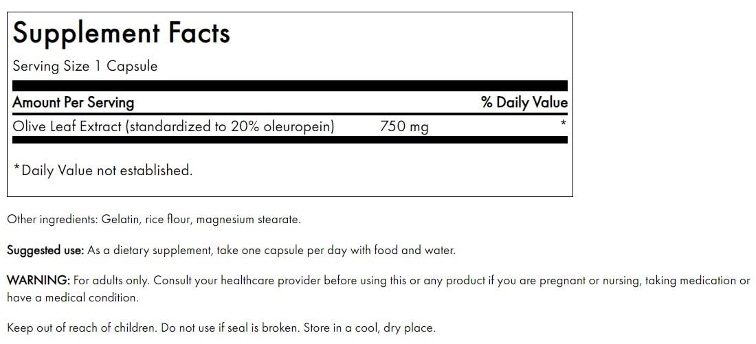 Swanson Olive Leaf Extract bottle closeup reveals the label and oleuropein content.