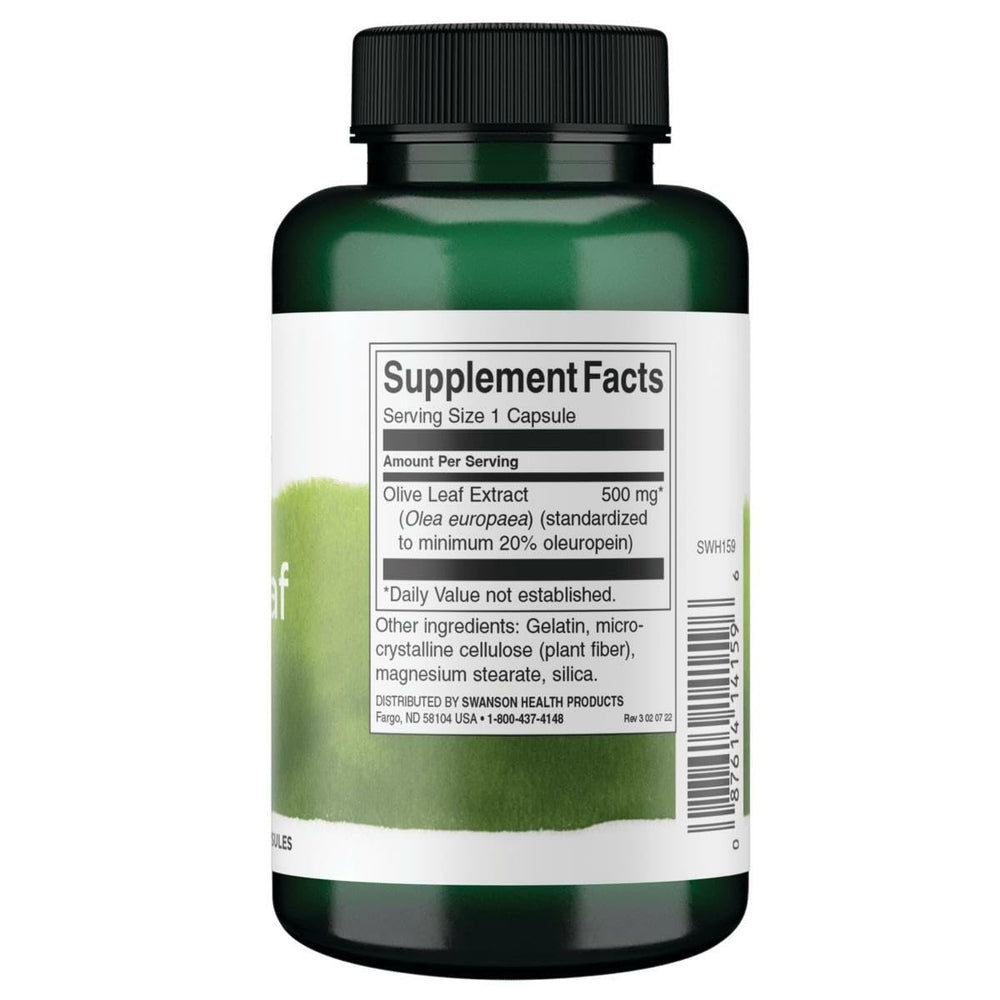 Swanson Olive Leaf Extract bottle label close-up shows trusted quality and ingredients.