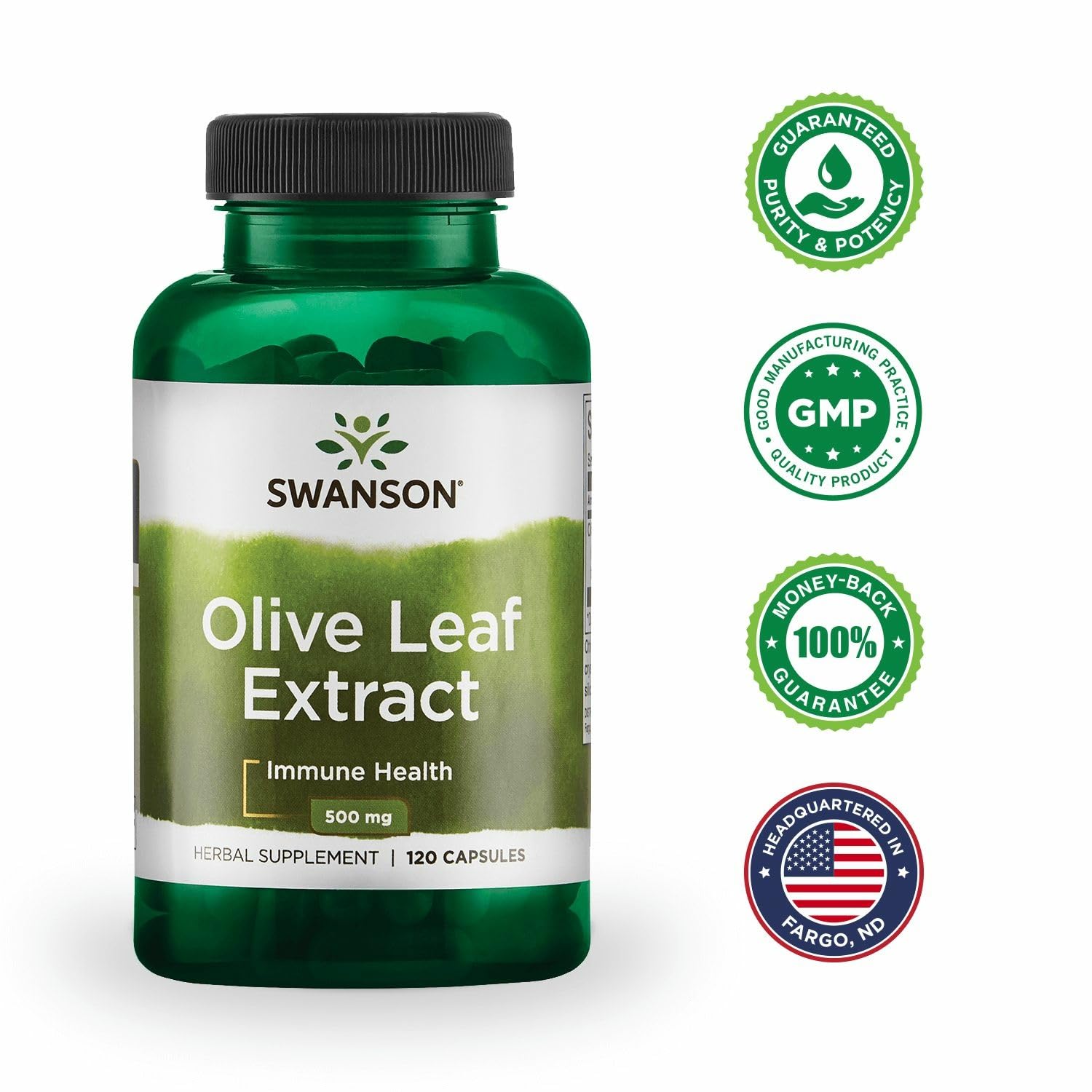 Swanson olive leaf extract bottle side-label emphasizing quality and 3-bottle value pack.