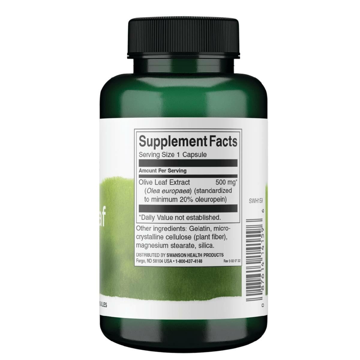 Swanson capsules closeup showing easy-to-swallow olive leaf capsules for daily use.