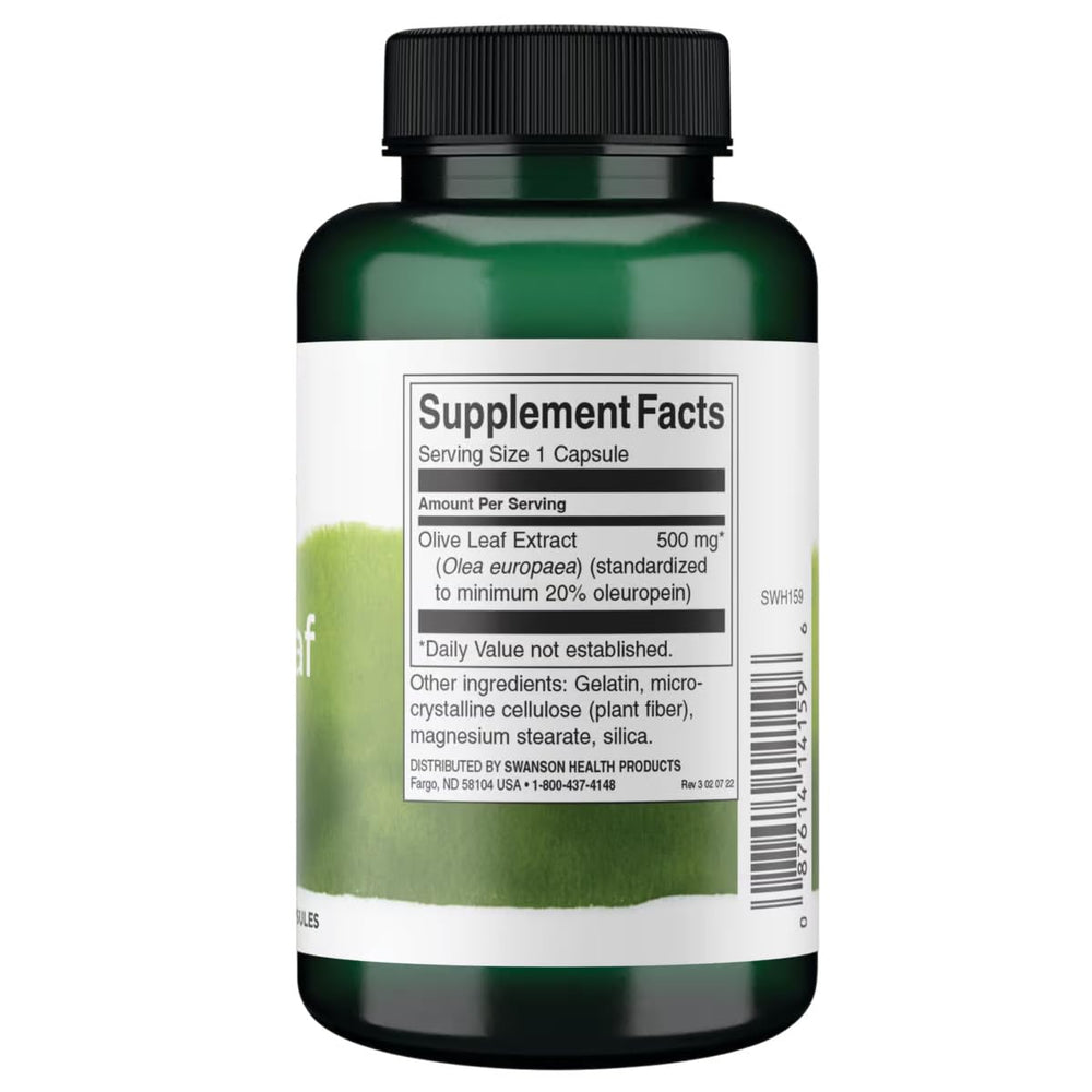 Swanson Olive Leaf Extract capsules close-up reveals convenient 500 mg dose for daily use.