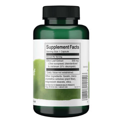Swanson capsules closeup showing easy-to-swallow olive leaf capsules for daily use.