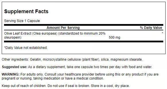 Swanson olive leaf extract label close-up showing oleuropein content and potency.