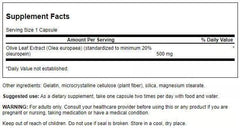 Swanson olive leaf extract label close-up showing oleuropein content and potency.