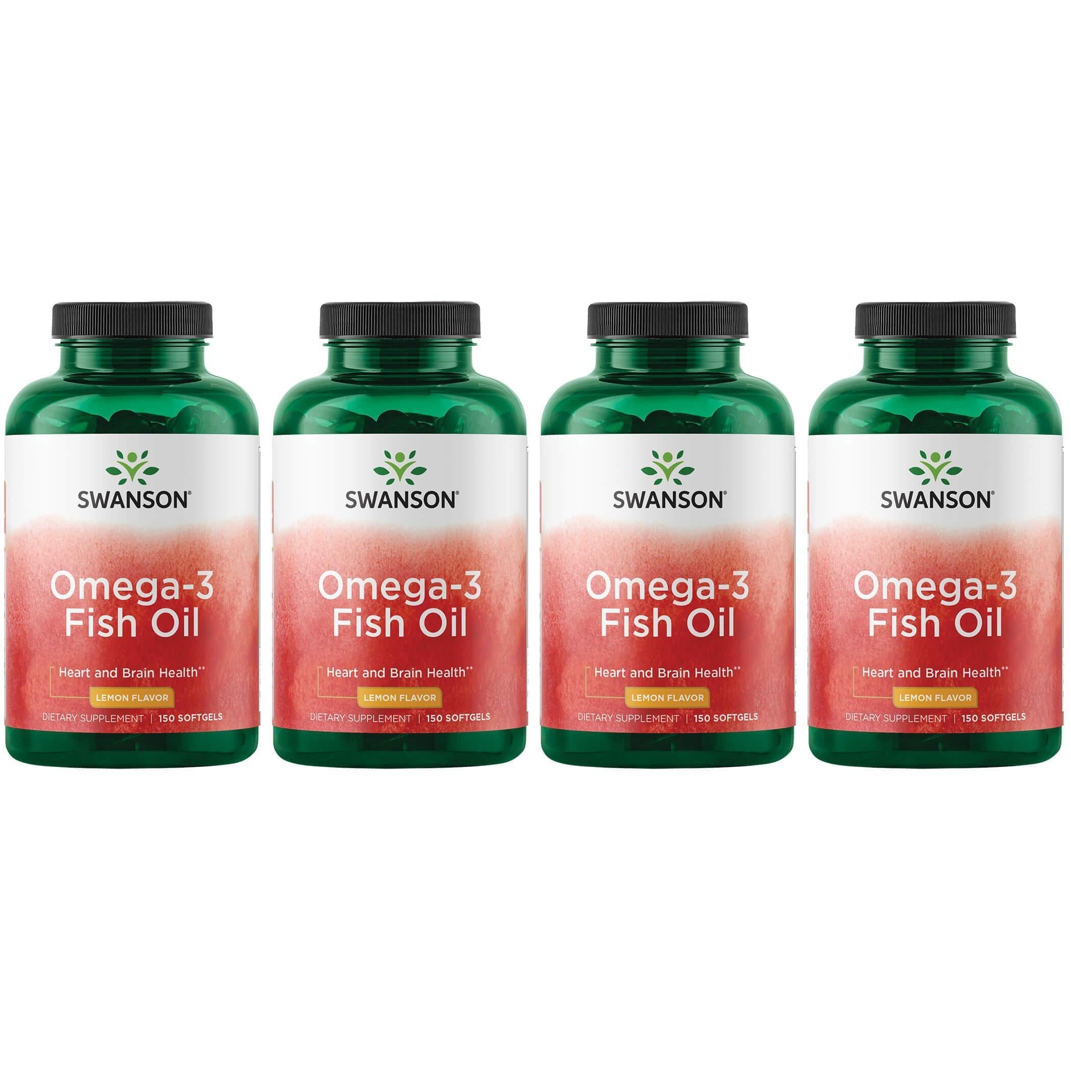 Swanson Omega-3 Fish Oil lemon-flavored bottle pouring, supports heart and brain wellness