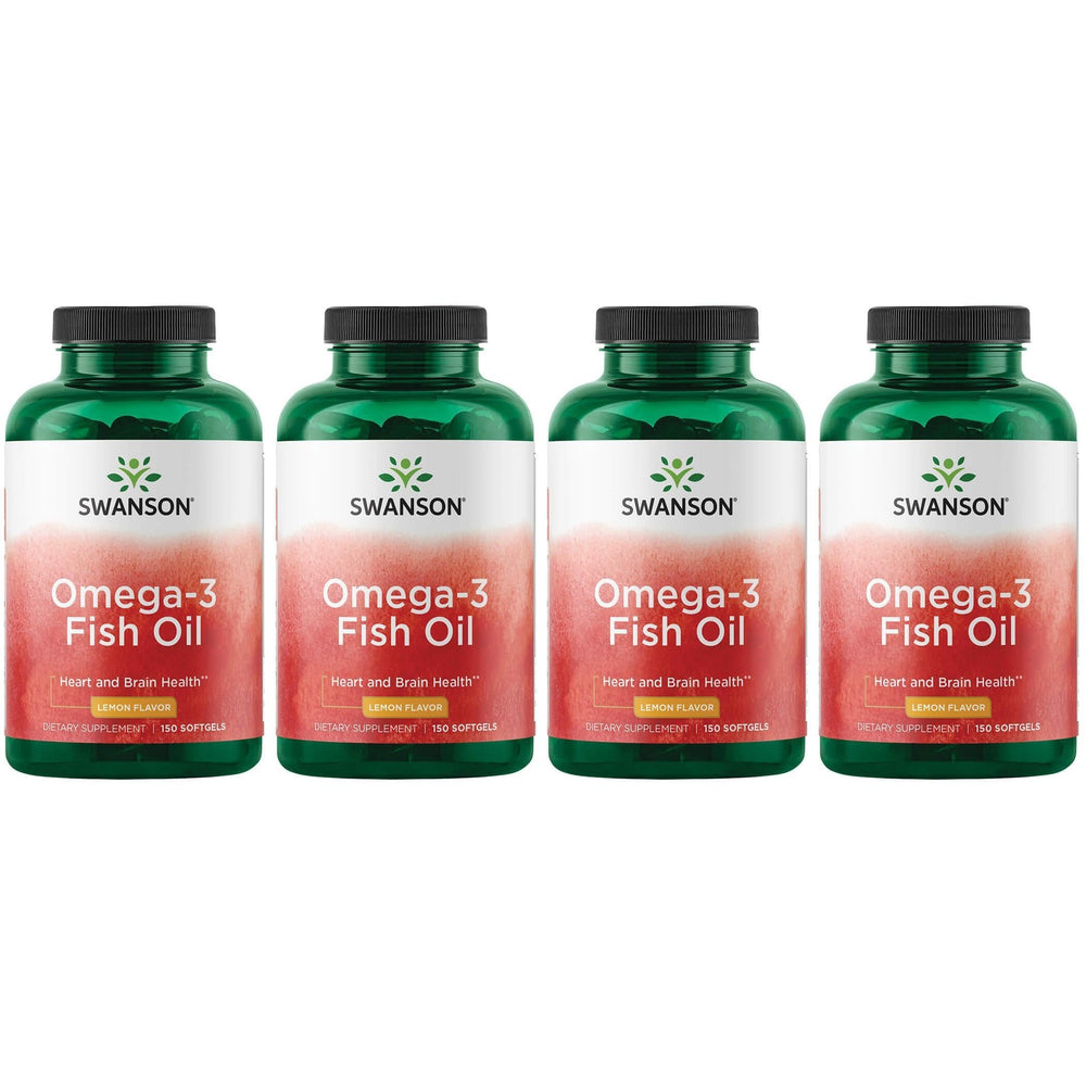 Swanson Omega-3 Fish Oil lemon-flavored bottle pouring, supports heart and brain wellness