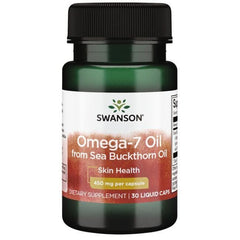Swanson Omega-7 Oil glass dropper with a few capsules nearby.