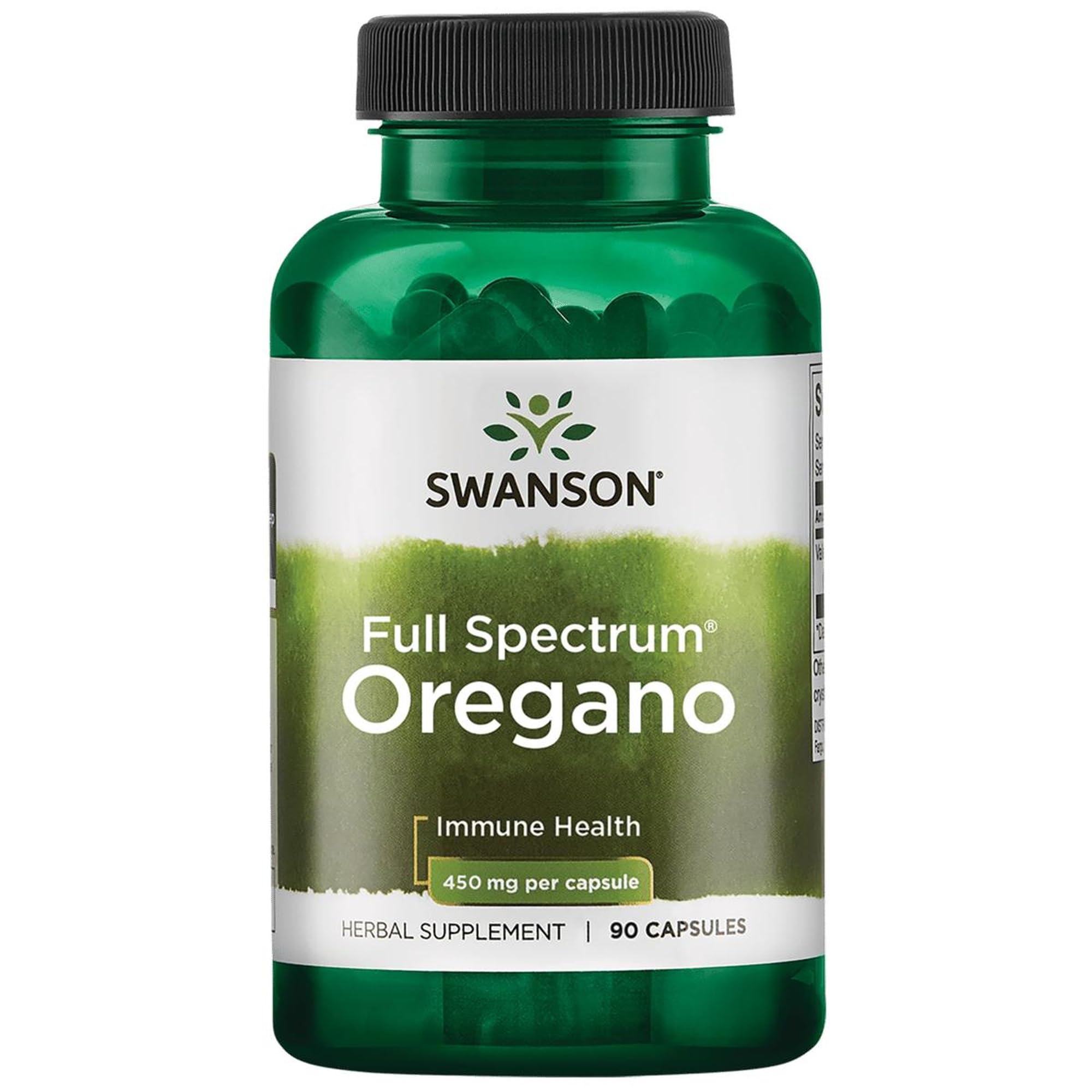 Swanson oregano 450 mg bottle front highlights natural immune support potential.