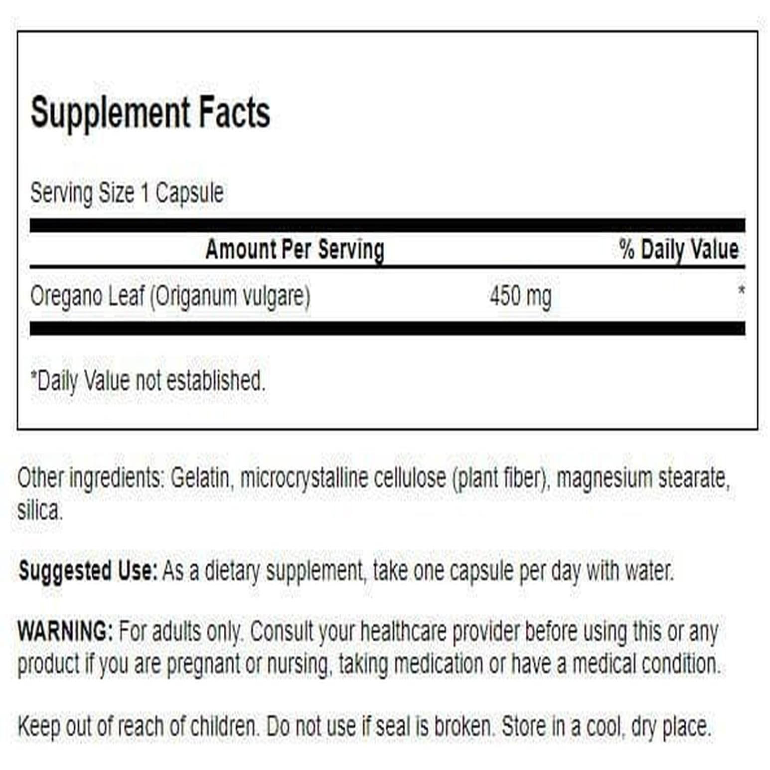 Swanson oregano 450 mg cap closeup shows high quality plant-based ingredients.
