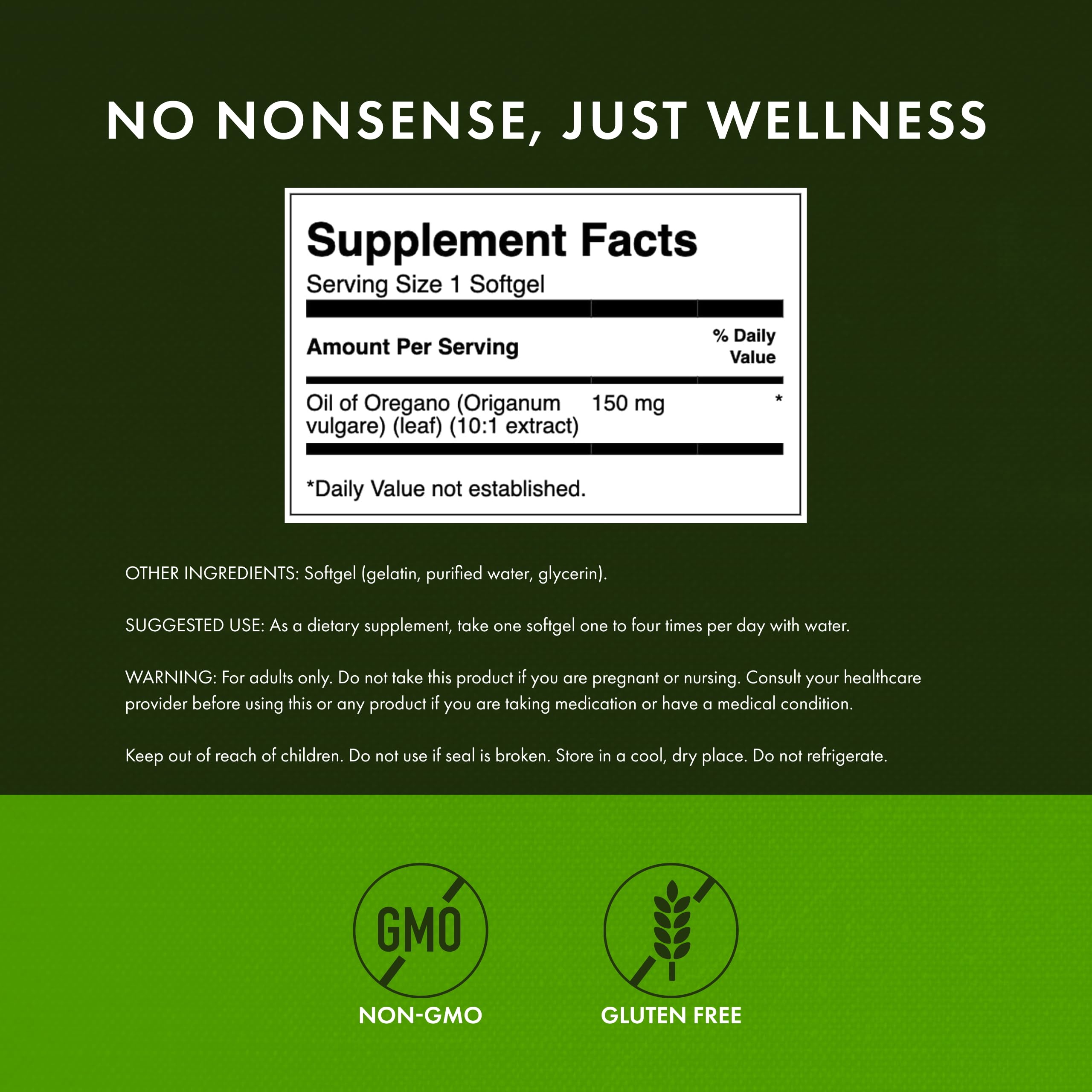 Close-up of Swanson oregano oil label highlighting potency and quality testing.