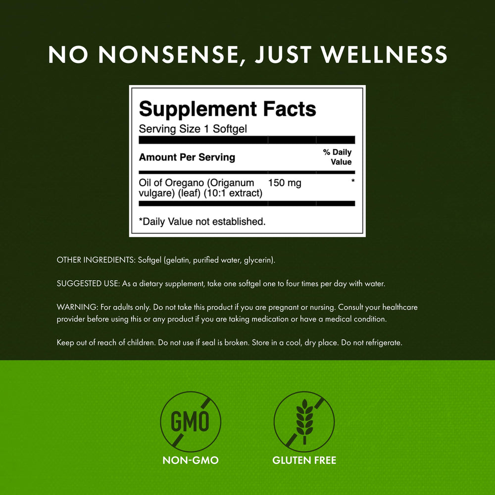 Close-up of Swanson oregano oil label highlighting potency and quality testing.