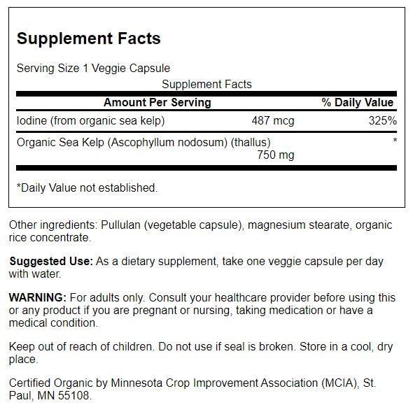 Swanson organic Scottish kelp capsules closeup highlighting vegetarian formula and iodine content