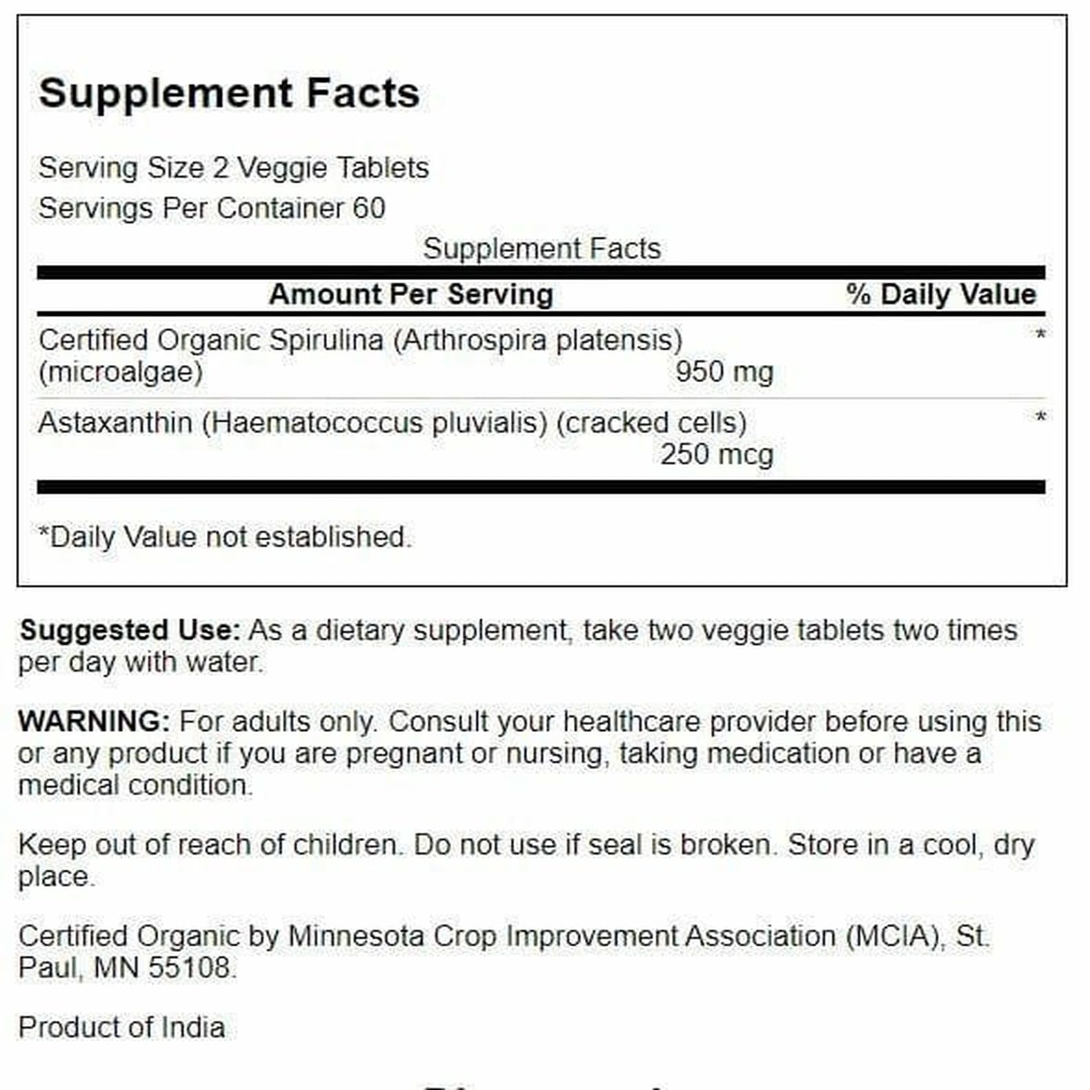 Swanson Organic Spirulina & Astaxanthin label close-up highlighting non-GMO and vegetarian formula