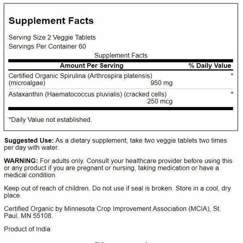Swanson Organic Spirulina & Astaxanthin label close-up highlighting non-GMO and vegetarian formula