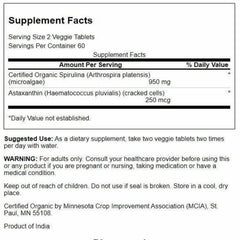 Swanson Organic Spirulina & Astaxanthin label close-up highlighting non-GMO and vegetarian formula